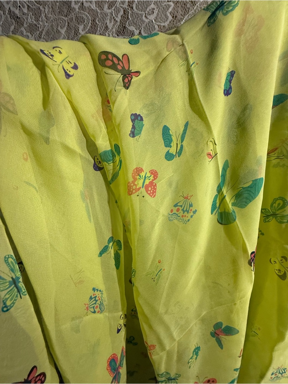 Vintage silk fabric sheer chiffon yellow with butterfly print 2.5 yards X 44.5”